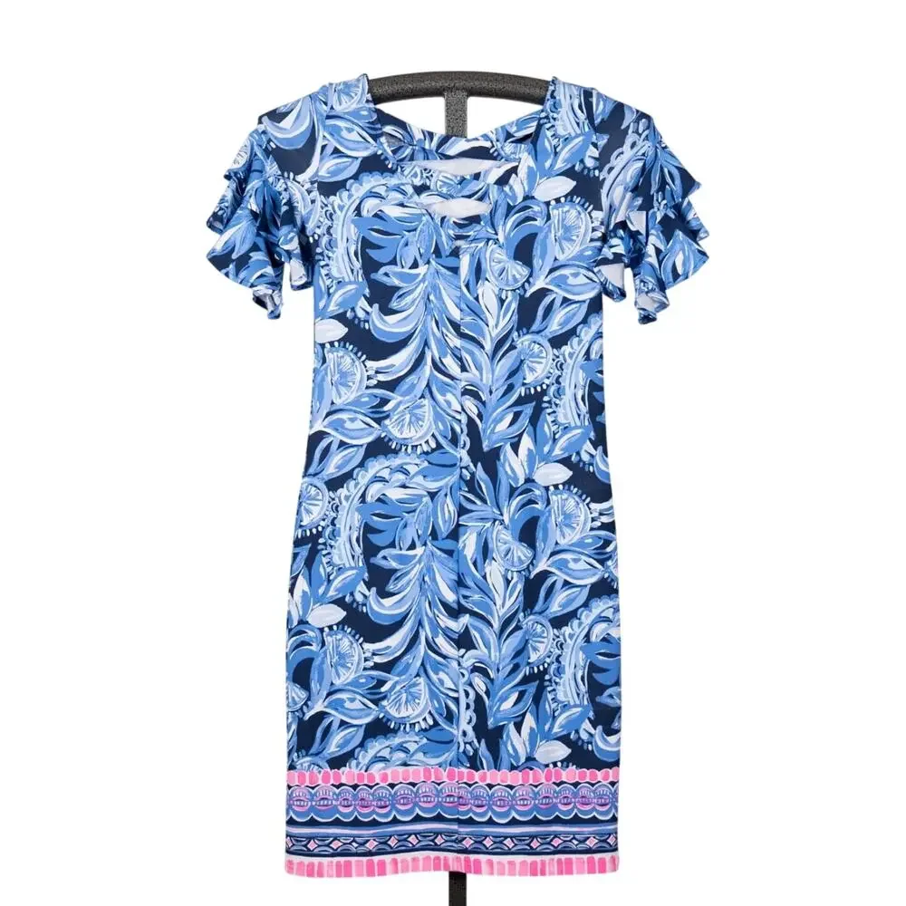 Lilly Pulitzer Diana Dress Size XXS Ruffled Sleeves Colorful Coastal High Tide - Picture 2 of 6